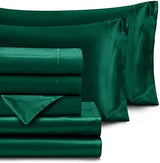 Homiest 7pcs Satin California King Size Bed Set, Blackish Green Luxury Satin Bedding, 1 Deep Pocket Fitted Sheet, 1 Flat Sheet, 4 Pillowcases, 1 Body Pillowcase Homiest
