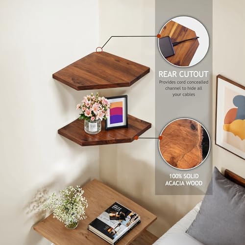 Demigo Corner Shelf Wall Mount, Set of 2 Solid Acacia Wood 10.3 x 16.5 inches Floating Corner Shelves, Smooth - Durable - Attractive Corner Shelves for Bedroom Living Room Bathroom Kitchen Demigo