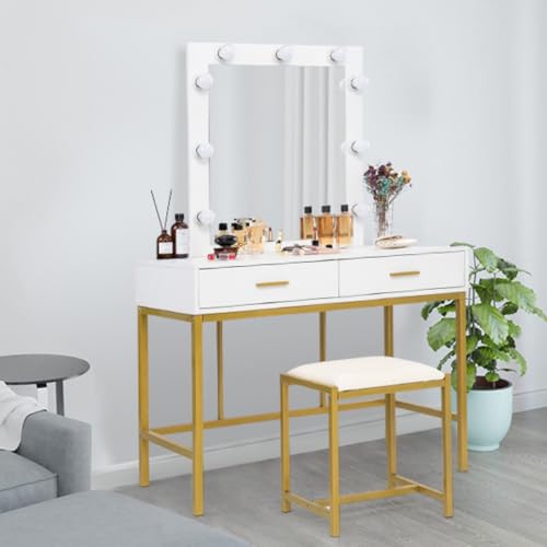VINGLI 40" Vanity Set with Lighted Mirror and Stool,White Makeup Vanity Table Set with 9 Lights for Women,Bedroom Makeup Dressing Table with 2 Drawers and Stool,White&Gold VINGLI