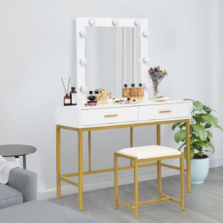 VINGLI 40" Vanity Set with Lighted Mirror and Stool,White Makeup Vanity Table Set with 9 Lights for Women,Bedroom Makeup Dressing Table with 2 Drawers and Stool,White&Gold VINGLI