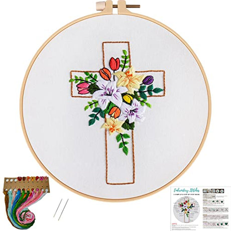 Louise Maelys Cross Lily Pattern Embroidery Starter Kit,Cross Stitch Kits for Adults with Embroidery Hoop Needles Threads Instruction -Easter Jesus Louise Maelys
