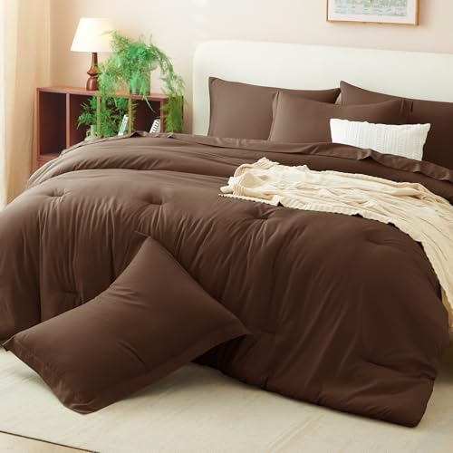 CozyLux Full Size Comforter Sets Brown, 7 Pieces Bed in a Bag Full Comforter Set with Sheets, Luxury Soft Bedding Set with Down Alternative Comforter, Fitted Sheet, Flat Sheet, Pillowcases & Shams