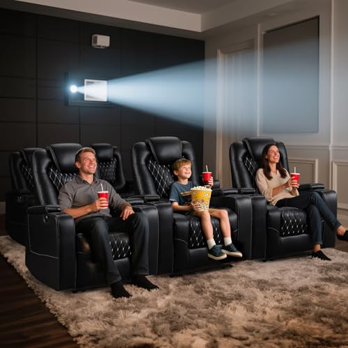 ANJ Power Recliner Chair with USB Ports and Cup Holders - Overstuffed Electric Home Theater Seating PU Leather Reclining Furniture with Hidden Arm Storage, Easy to Clean (Black)
