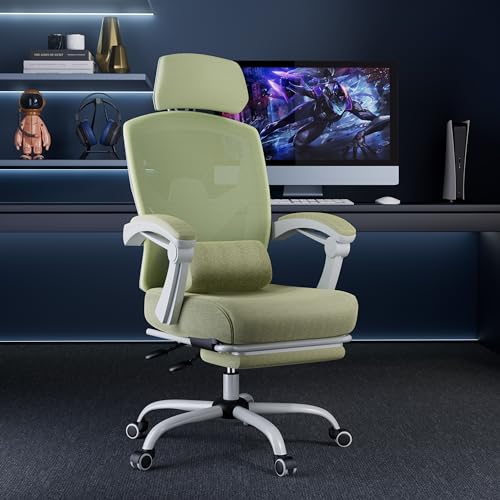 DUMOS Office Desk Chair with Footrest Ergonomic Gaming Chair for Adults Computer Mesh, Lumbar Support,Swivel Reclining with Headrest, Comfy Armrest for Home, Office, Work, Study, Light Green DUMOS