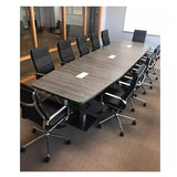 Thaweesuk Shop New Gray Finishes 12 ft Modern Executive Boat Shaped Wood Conference Table Dual Post Metal Legs Grommets Racetrack Silver 2 Power Data Modules Boardroom Room Meeting Business Furniture Generic
