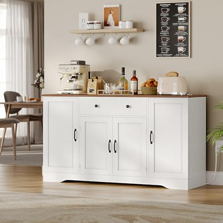 Brinlawb Buffet Cabinet with Storage & Charging Station, 53" Farmhouse Coffee Cabinet with Compartment Drawer, Sideboard Cabinets with Door and Adjustable Shelves for Kitchen, White Brinlawb