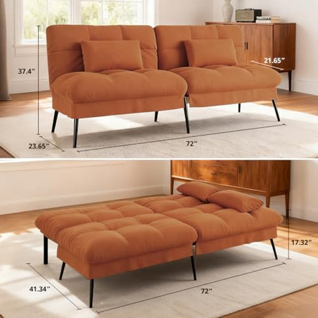 COMHOMA Convertible Sofa Bed,68″Fabric Couch with Adjustable Backrest,Loveseat Recliner Sleeper Living Room Furniture futon Set,Orange COMHOMA