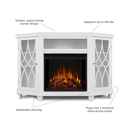 Real Flame Lynette 56" Corner Electric Fireplace TV Stand or TVs up to 55 inches, Entertainment Center with Electric Fireplace, Living Room TV Stand with Fireplace, White Real Flame