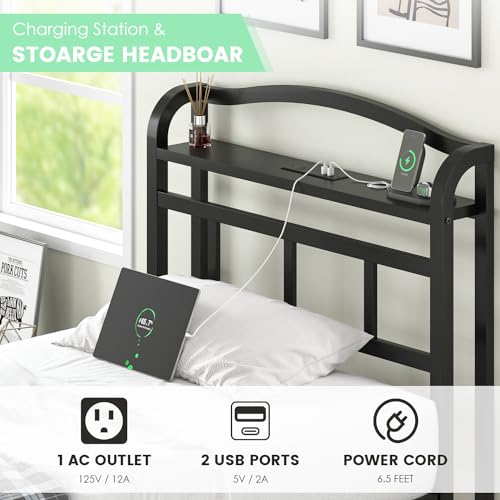 QEROMY Twin Size Bed Frame - Storage Headboard with Charging Station, Easy Assembly, 18 inch Heavy Duty Metal Platform Bed Frame No Box Spring Needed, Black QEROMY