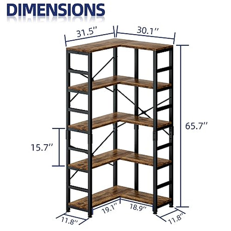 NUMENN Vintage 5 Tier Corner Bookshelf - Modern Open Shelf Bookcase for Living Room, Bedroom, and Home Office NUMENN