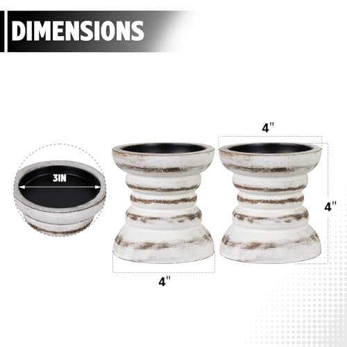 Candle Holder for Pillar Candle Set of 2, Farmhouse Wood Candle Holder, Rustic Wooden Candle Stand, Vintage Small Wooden Candlestick Holders for Living Room, Table Centerpiece, Rustic White CEDARLUX