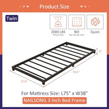 Nailsong 3 Inch Twin Bed Frames Low Profile, Twin Platform Bed Frame No Box Spring Needed, Heavy Duty Metal, Easy Assembly, Black Nailsong