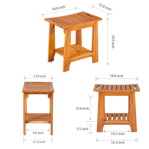 NNN Teak Shower Bench Seat with Handle 18 Inch/Teak Wood Shower Stool with Shelf/Wooden Bathroom Spa Bathing Stool/Waterproof, Indoor and Outdoor Use,Patented Design. NNN
