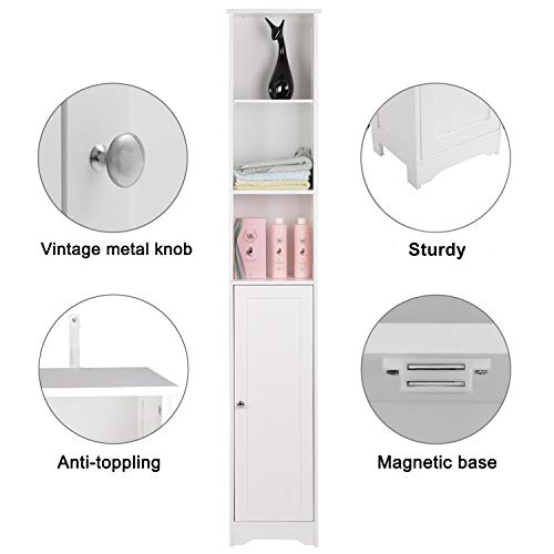 Bonnlo Narrow Cabinet, 67" Tall Slim Bathroom Storage Cabinet 12" Wide White Skinny Linen Cabinet with 3 Open Shelves Single Door Adjustable Shelf Space Saving Corner Pantry Bonnlo
