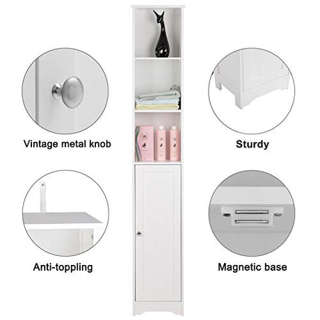 Bonnlo Narrow Cabinet, 67" Tall Slim Bathroom Storage Cabinet 12" Wide White Skinny Linen Cabinet with 3 Open Shelves Single Door Adjustable Shelf Space Saving Corner Pantry Bonnlo