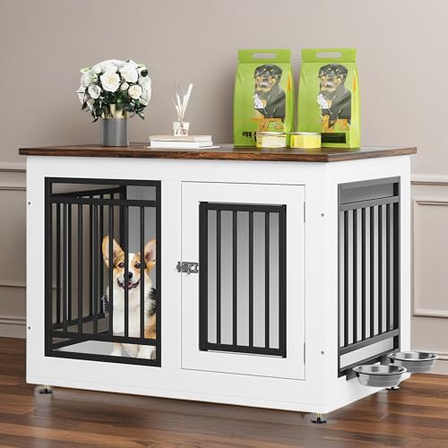DWVO Dog Crate Furniture with Adjustable Feet & Removable Bowls, 35 Inch Dog Kennel Indoor Furniture End Table for Dogs, Modern Decorative Wooden Cage, Chew-Resistant, White DWVO