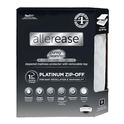 AllerEase Platinum Zip-Off Top Waterproof Mattress Protector Full Size 360 Degree Zipper Allergen Barrier Temperature Balancing Luxurious Plush Top Separately Machine Washable Mattress Cover (White) Aller-Ease