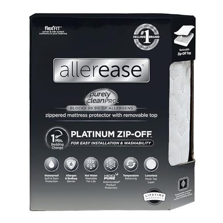 AllerEase Platinum Zip-Off Top Waterproof Mattress Protector Full Size 360 Degree Zipper Allergen Barrier Temperature Balancing Luxurious Plush Top Separately Machine Washable Mattress Cover (White) Aller-Ease