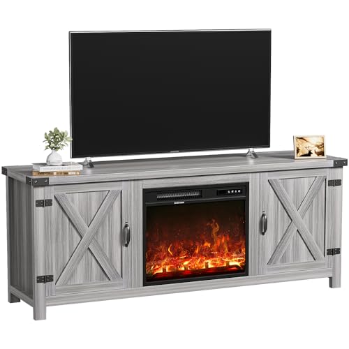 YESHOMY Fireplace TV Stand with Two Barn Doors and Storage Cabinets for Televisions up to 65+ Inch, Entertainment Center Console Table, Media Furniture for Living Room, 58 Inch, Gray Wash