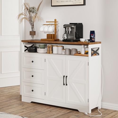 47" Antique White Storage Cabinet with Doors & Drawers, Farmhouse Sideboard Buffet Cabinet with Storage, Kitchen Pantry Hutch Cabinet, Coffee Bar Station Table for Kitchen, Livingroom, Dining Room FiveWillowise
