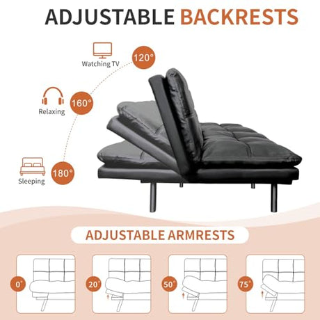 MUUEGM Memory Foam Futon Sofa Bed, Convertible Couch, Modern Loveseat Sleeper for Small Space, Apartment, Living Room - Adjustable Backrests and Armrests, Matte Black MUUEGM
