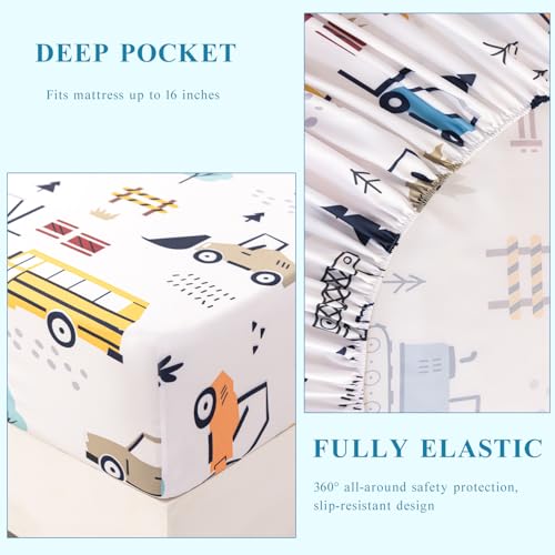 WINLIFE Kids Full Sheet Set 4 Piece Car Printed Constuction Soft Microfiber Bed Sheets - Deep Pocket - Easy Fit - Wrinkle Resistant Cozy Bedding Set for Toddler Boys Girls Teen WINLIFE