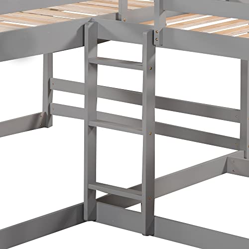 Quad Bunk Beds with Slide, L Shape Bunk Bed Compatible with 4, Full Over Full Bunk Bed & Twin Over Twin Bunk Bed, Wood Corner Bunk Beds Compatible with Boys Girls Teens (4 Beds, Gray) ，Queen Bed TMAXX