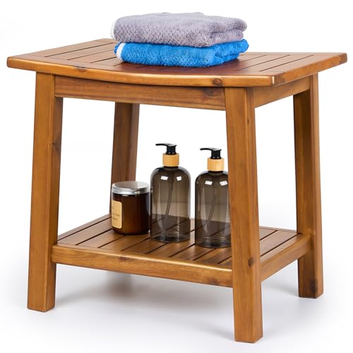 Upolana Teak Shower Bench, 20" Solid Wood Shower Stool Waterproof Shower Seat with Storage Shelf for Bathroom, Indoor & Outdoor Use - WoodArtSupply