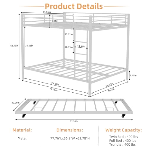 Bellemave Metal Bunk Bed with Trundle, Full Over Full Bunk Twin Trundle and Guardrail and Ladder for Kids/Teenagers, Adults, White Bellemave