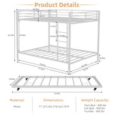 Bellemave Metal Bunk Bed with Trundle, Full Over Full Bunk Twin Trundle and Guardrail and Ladder for Kids/Teenagers, Adults, White Bellemave