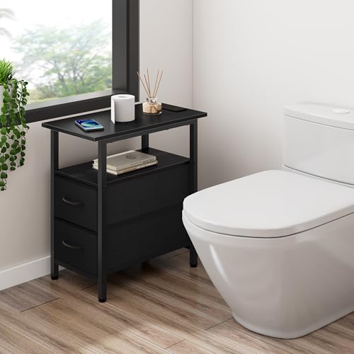 Vagusicc Set of 2 Black Nightstand with Charging Station and LED Lights, Narrow Side Table, LED Night Stand with 2 Fabric Drawers, Bedside Table Small End Table, Tall Nightstand for Bedroom, Black Vagusicc
