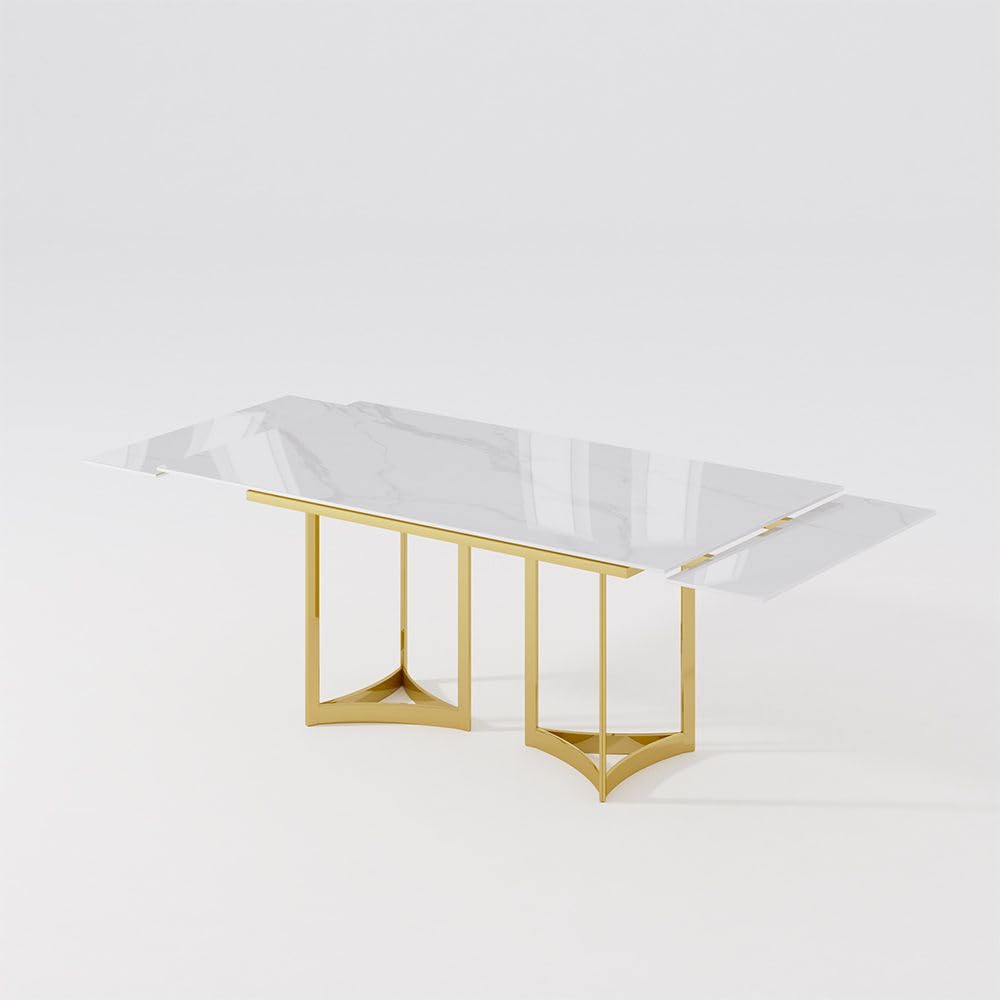 POVISON Extendable Dining Table 71''-95'', Marble Dining Room Table Large for 6-10, Modern Kitchen Table wiht White Marble Top & Luxury Gold Trestle Pedestal(Dining Table Only) - WoodArtSupply