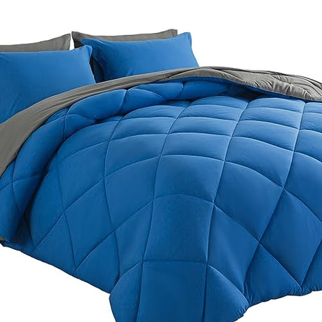 Cosybay Bed in a Bag Full Comforter Sets 7pcs All Season Solid Down Alternative Bedding Sets Blue and Grey with Comforter, Pillow Shams, Flat Sheet, Fitted Sheet and Pillowcases Cosybay