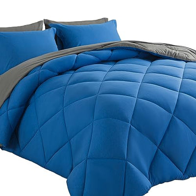 Cosybay Bed in a Bag Full Comforter Sets 7pcs All Season Solid Down Alternative Bedding Sets Blue and Grey with Comforter, Pillow Shams, Flat Sheet, Fitted Sheet and Pillowcases