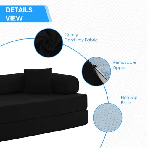 Mjkone 78.7"W Convertible Folding Mattress Couch with Armrest, Corduroy Floor Sofa Bed with Metal Fixed-Shape Frame, 5-in-1 DIY Futon Lazy Sofa Cama Lounge Couch for Living Room Bedroom Studio, Black Mjkone
