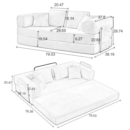 79.5" Folding Convertible Sofa Bed with Side Storage Pockets, 4-in-1 Corduroy Boneless Couch, No Assembly Loveseat Sleeper, Floor Sofa Daybed Futon Couch for Living Room Bedroom Lounge, Black Upgraded Asucoora
