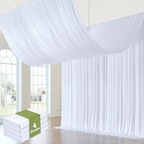 Htper 4 Panels 5x20ft White Ceiling Drapes for Wedding Parties, Wrinkle Free 20ft Long Thick Polyester Wedding Draping Tent Ceiling Curtains Arch Drapery for Birthday Party Tent Canopy Decor Htper
