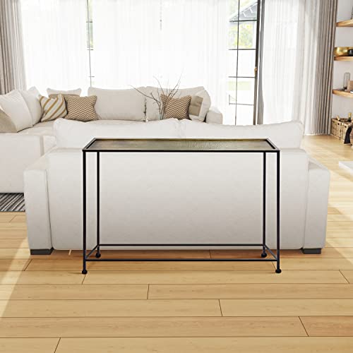 The Urban Port Aurelia 48-Inch Console Sofa Table, Artisanal Hammered Antique Bronze Tray Top, Industrial Black Iron Frame The Urban Port