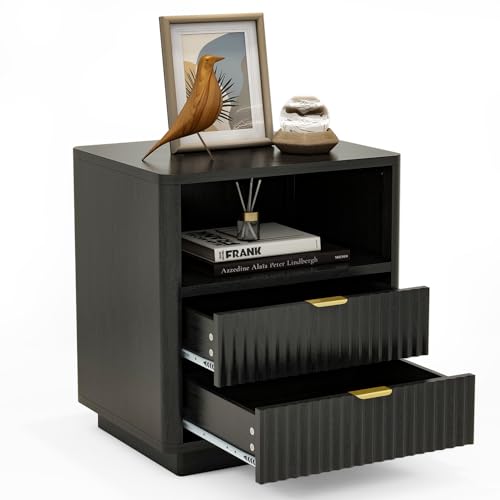 Fluted Nightstands Set of 2, Black Night Stands with 2 Drawers and Open Shelves, Wooden Nightstand Modern Design Night Stand for Bedroom Sofa Office (2, Black) ROCSUMOO