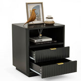 Fluted Nightstands Set of 2, Black Night Stands with 2 Drawers and Open Shelves, Wooden Nightstand Modern Design Night Stand for Bedroom Sofa Office (2, Black) ROCSUMOO
