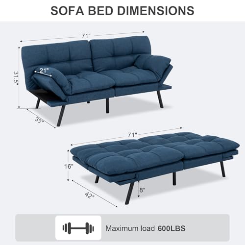 Vipbear Futon Sofa Bed Couch, 71" Convertible Sofa Bed, Space-Saving Loveseat with Adjustable Backrest & Armrest for Living Room,Apartment,Office,Blue Sleeper Sofa Vipbear