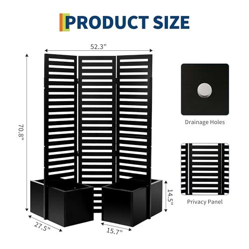 Privacy Screen with Planter Box - 3-Panel Freestanding Outdoor Room Divider, 51x70x31 Inch Metal Garden Fence with 4 Self-Draining Raised Garden Beds for Patio Deck Yard, Black Garvee