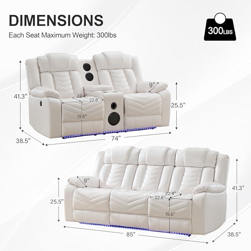 Power Recliner Sofa Set 5-Seater with Zero Gravity,Bass Speaker,Wireless Charger,USB/Type-C Ports,LED Lights,Cup Holders,Faux Leather Electric Reclining Loveseat Couch Recliner Sets,2 Piece,White