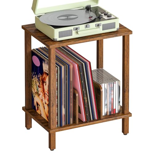 HOOBRO Small End Table, 2-Tier Record Player Stand Vinyl Record Turntable Stand with Storage up to 100 Albums, Small Side Table for Living Room, Bedroom Rustic Brown, FG05RS01 HOOBRO