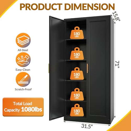 Kitchen Pantry Cabinet,71” Metal Tall Pantry Storage Cabinet with Doors and 4 Adjustable Shelves,Kitchen Storage Cabinets Black Freestanding Food Cabinet for Pantries, Kitchen, Livingroom, Dining Room BESFUR