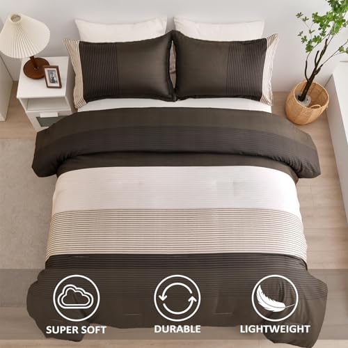 Brown Comforter Set King, Reversible Brown Striped Down Alternative Comforter for King Bed,3 Pieces (1 Comforter+2 Pillowcases), Soft Microfiber Bedding Duvet Set 104"×90" WONGS BEDDING