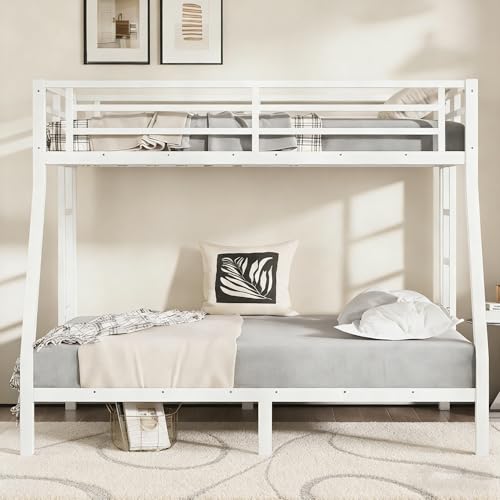 Twin over Full Metal Bunk Beds for Kids Teens Adults, Heavy-duty Metal Bunk Bed Frame with Guardrail, 2 Ladders & Under-bed Storage for Bedroom Guest Room Dorms, Space-saving/Noise-reduce, White Bellemave