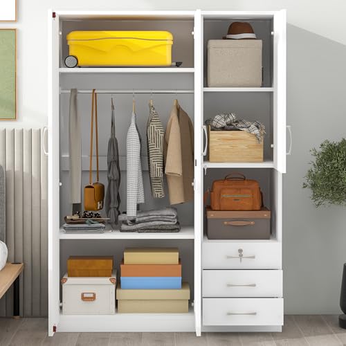 EMKK Wood Wardrobe Closet with 2 Doors and Drawers,Bedroom Freestanding Armoire Storage Cabinet w/Shelves and 3 Drawers,WoodenWardrobe Combination for Hanging Clothes EMKK