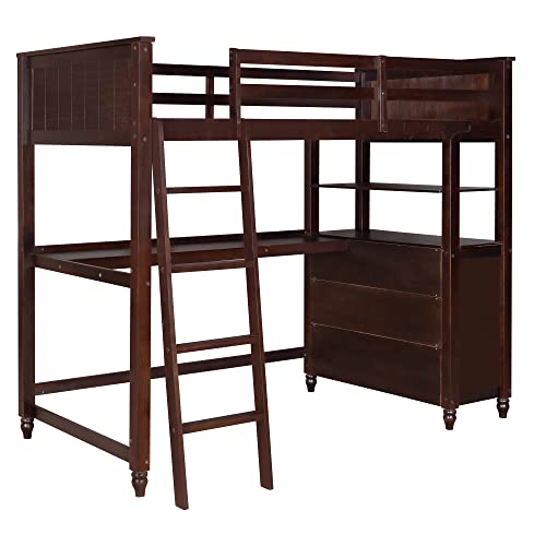 Twin Size Loft Bed with Desk and Drawers, Solid Wood Loft Bed with Storage Shelves for Kids Teens Adults - Espresso Bellemave