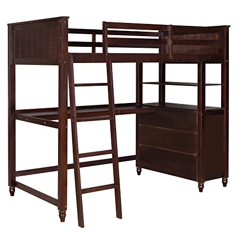 Twin Size Loft Bed with Desk and Drawers, Solid Wood Loft Bed with Storage Shelves for Kids Teens Adults - Espresso - WoodArtSupply